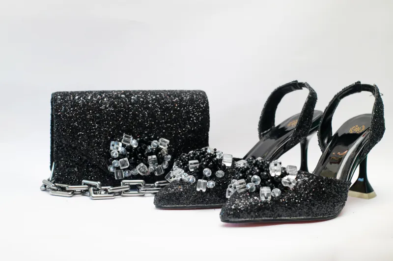 Melina Pencil Mouth Sandal & Purse Set – Black Crystal Edition  view 3