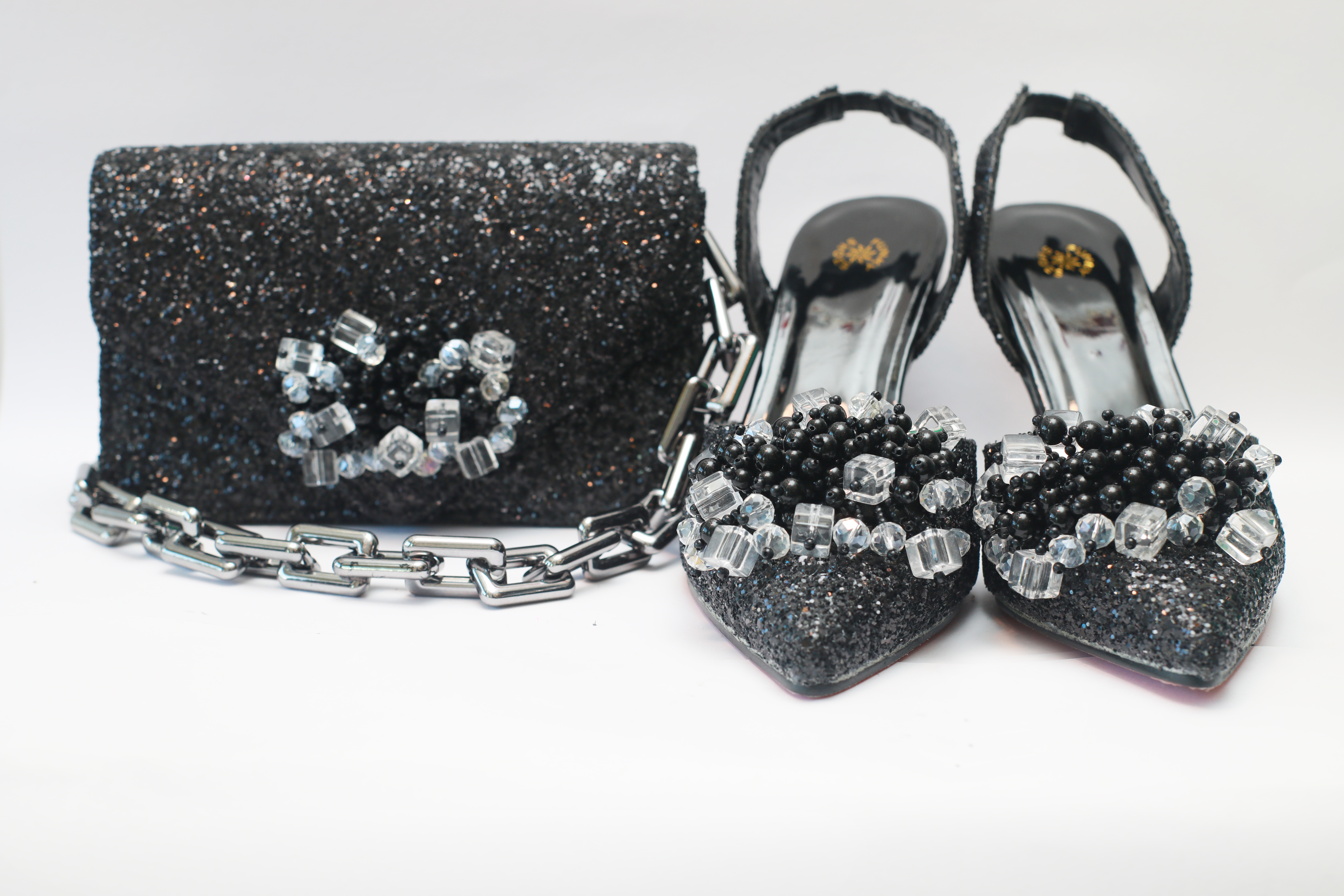 Melina Pencil Mouth Sandal & Purse Set – Black Crystal Edition 