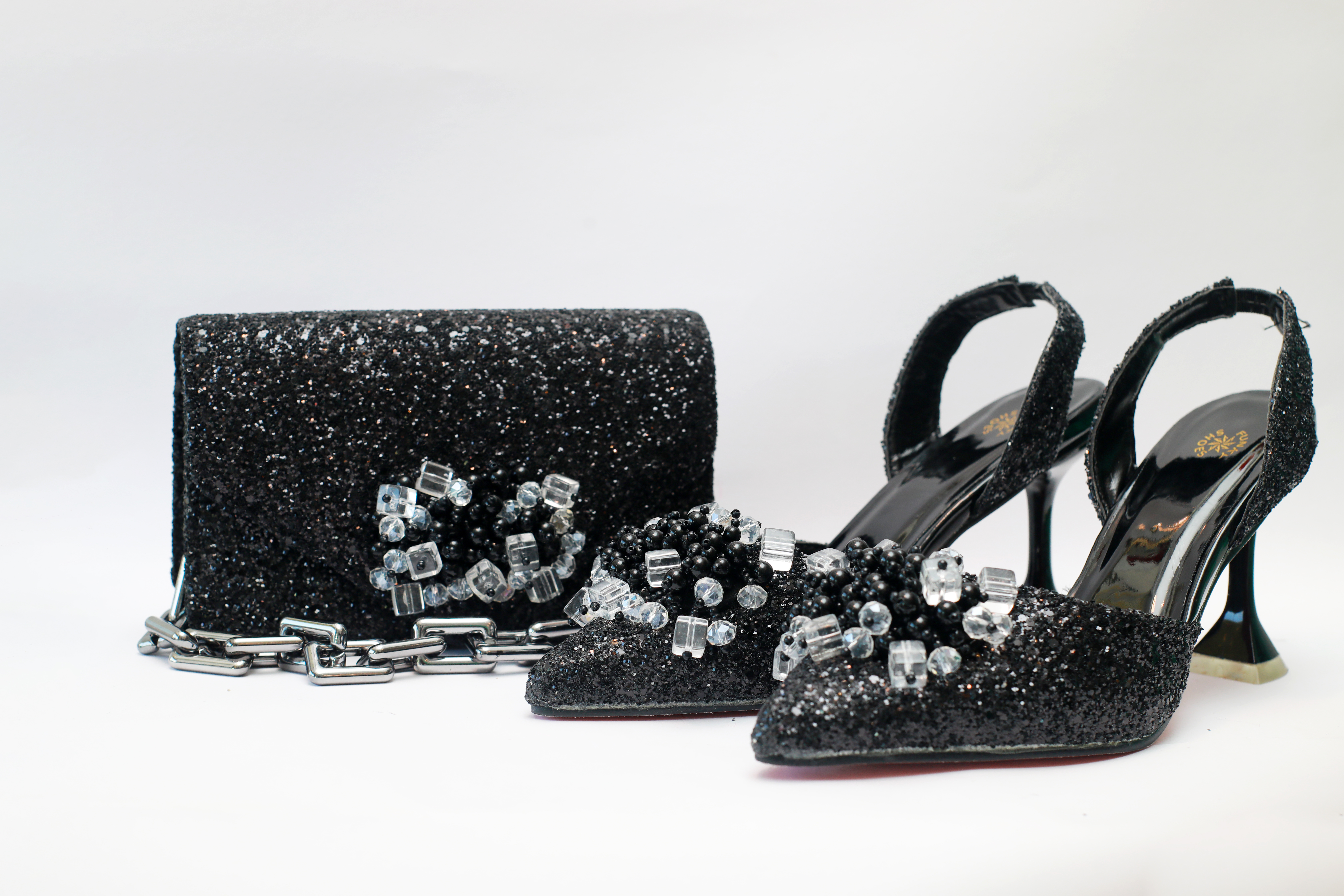 Melina Pencil Mouth Sandal & Purse Set – Black Crystal Edition  view 3